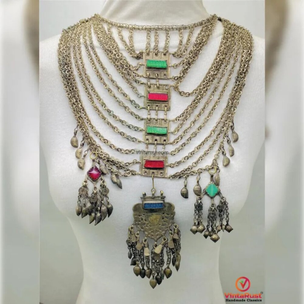 Vintage Afghan Tribal Necklace: Kuchi Multi-Layer Chain Necklace